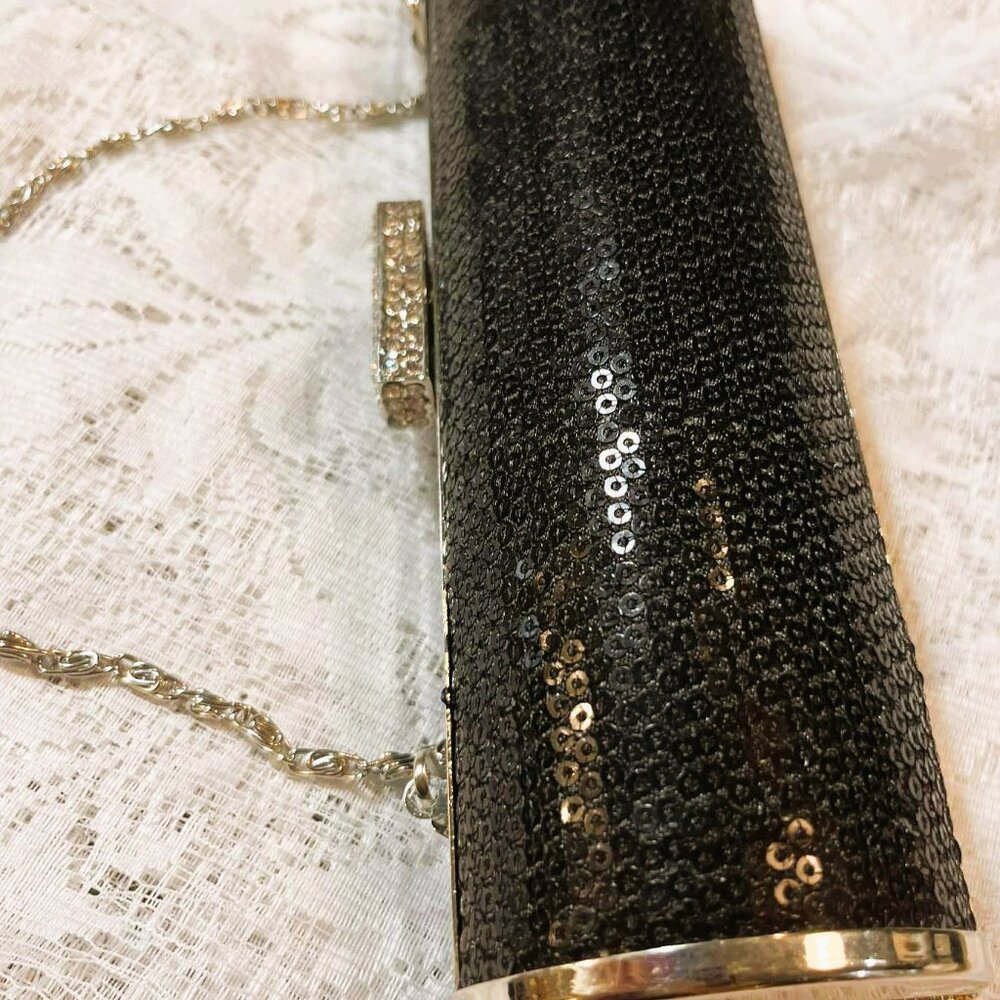 Vintage Black Sequin Cylindrical Clutch, Silver Chain, Elegant, 2000s - Picture 8 of 10